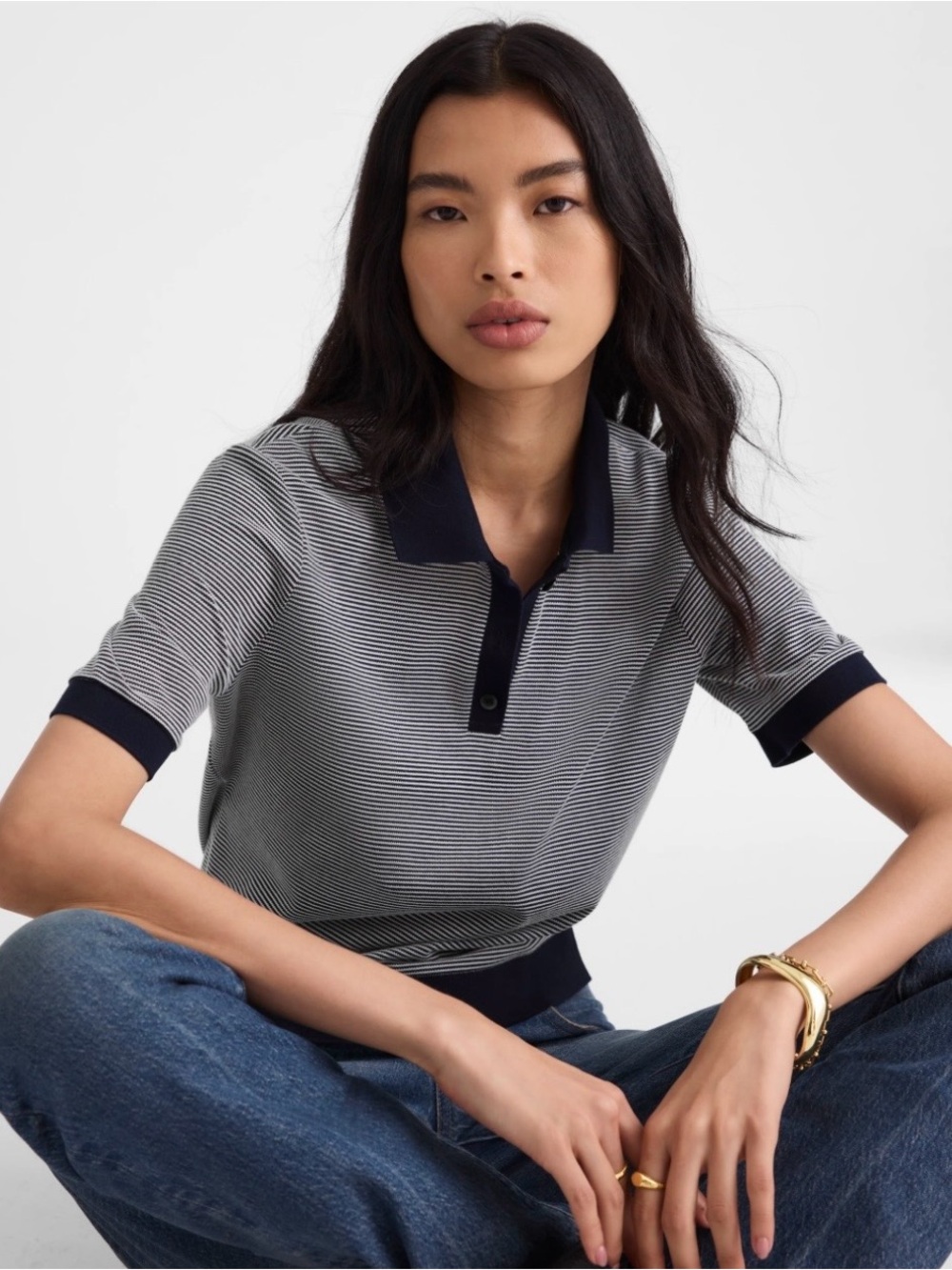 Madewell Navy & White Striped Shrunken Polo Tee